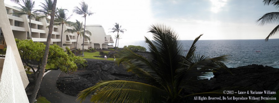 Panoramic view from our room's balcony at the Sheraton Kona Resort at Keauhou Bay