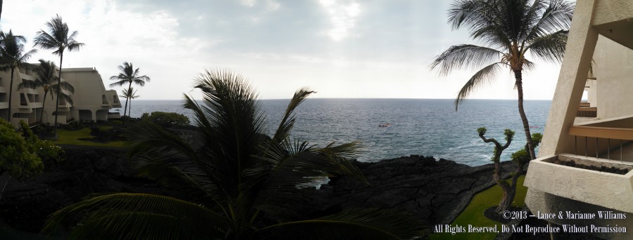 Panoramic view from our room's balcony at the Sheraton Kona Resort at Keauhou Bay